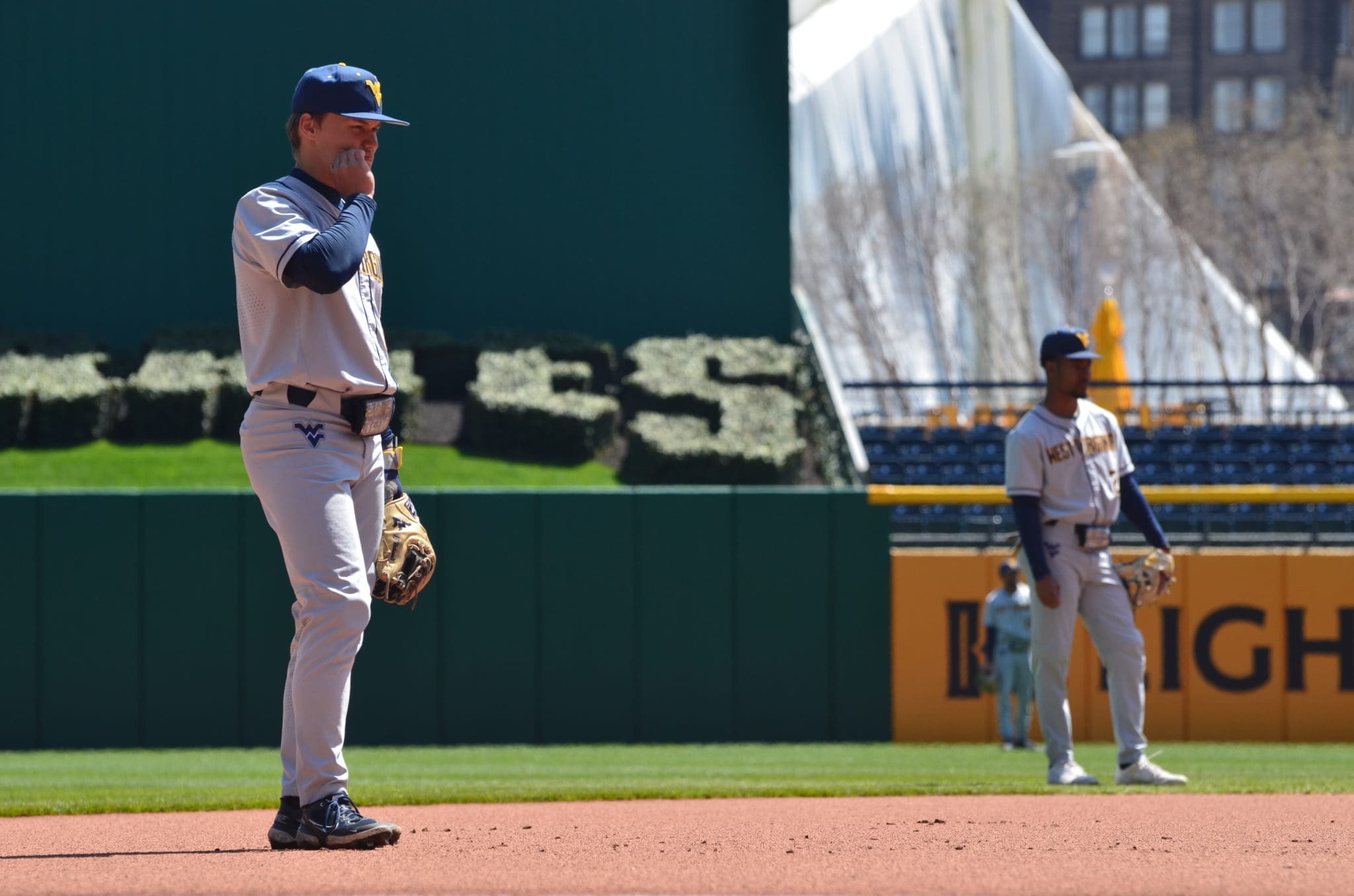 JJ Wetherholt and Tevin Tucker wait in the infield at PNC Park