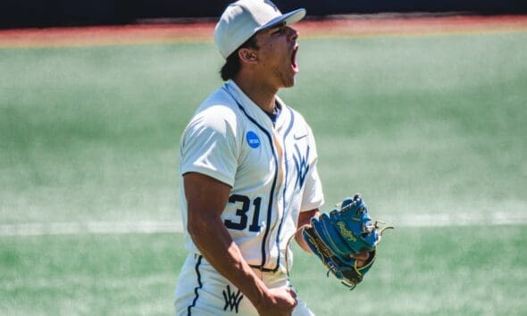WVU Baseball Right-handed pitcher Dawson Montesa celebrates. Image courtesy of WVU Athletics.