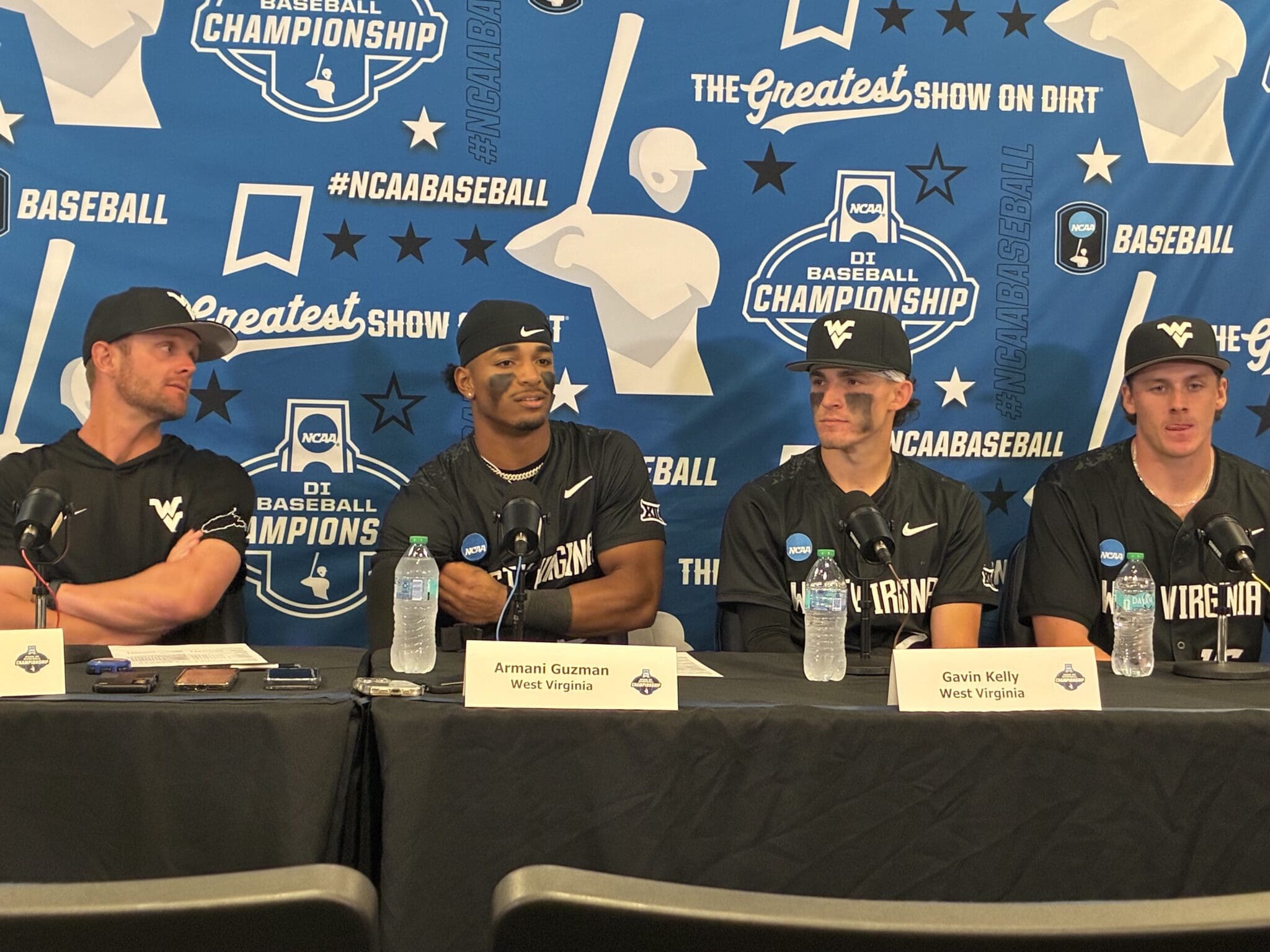 WVU Baseball HC Steve Sabins, Armani Guzman, Gavin Kelly and Maxx Yehl After Winning Regional