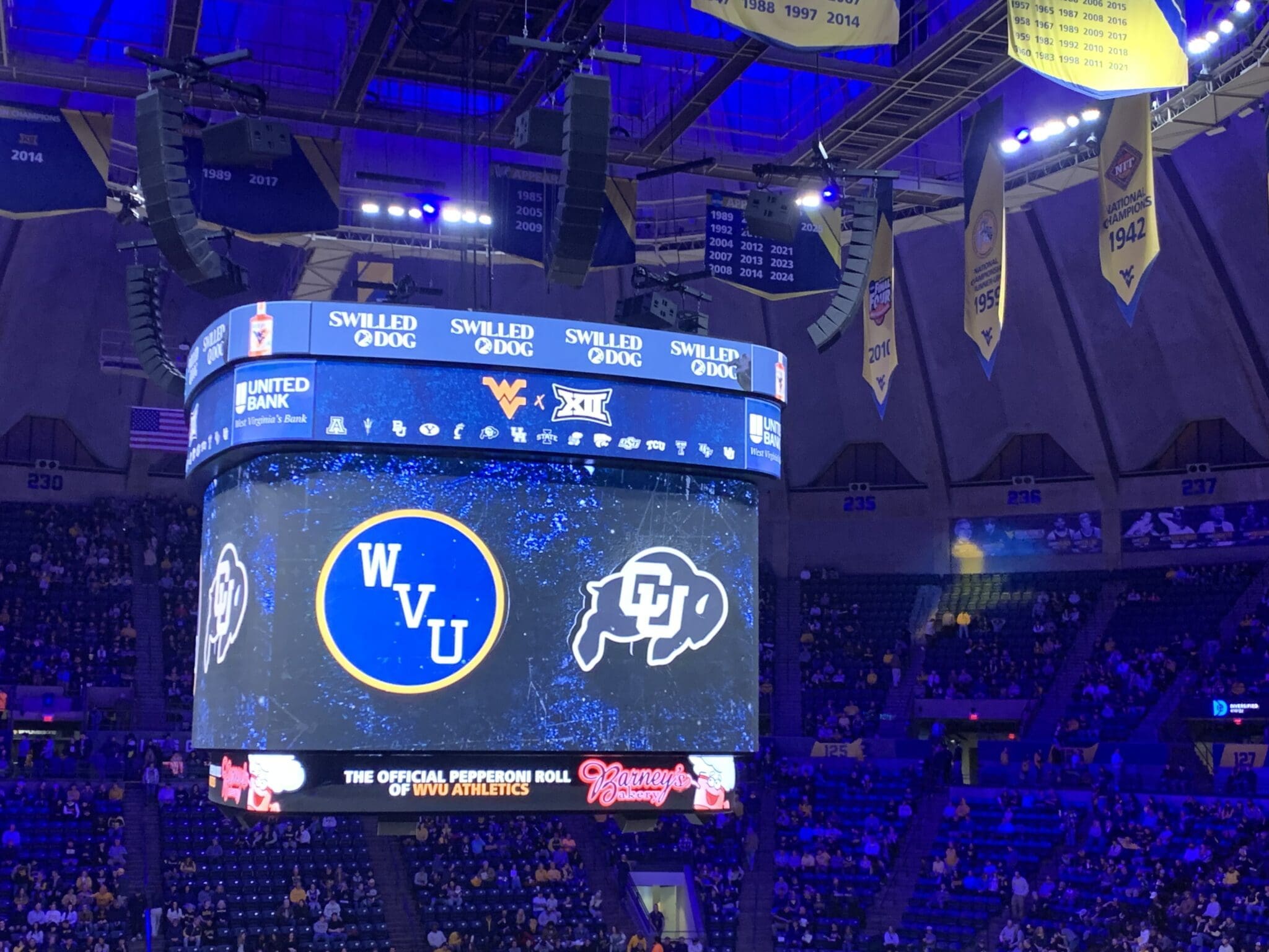 WVU Basketball against Colorado on video board at Hope Coliseum stock