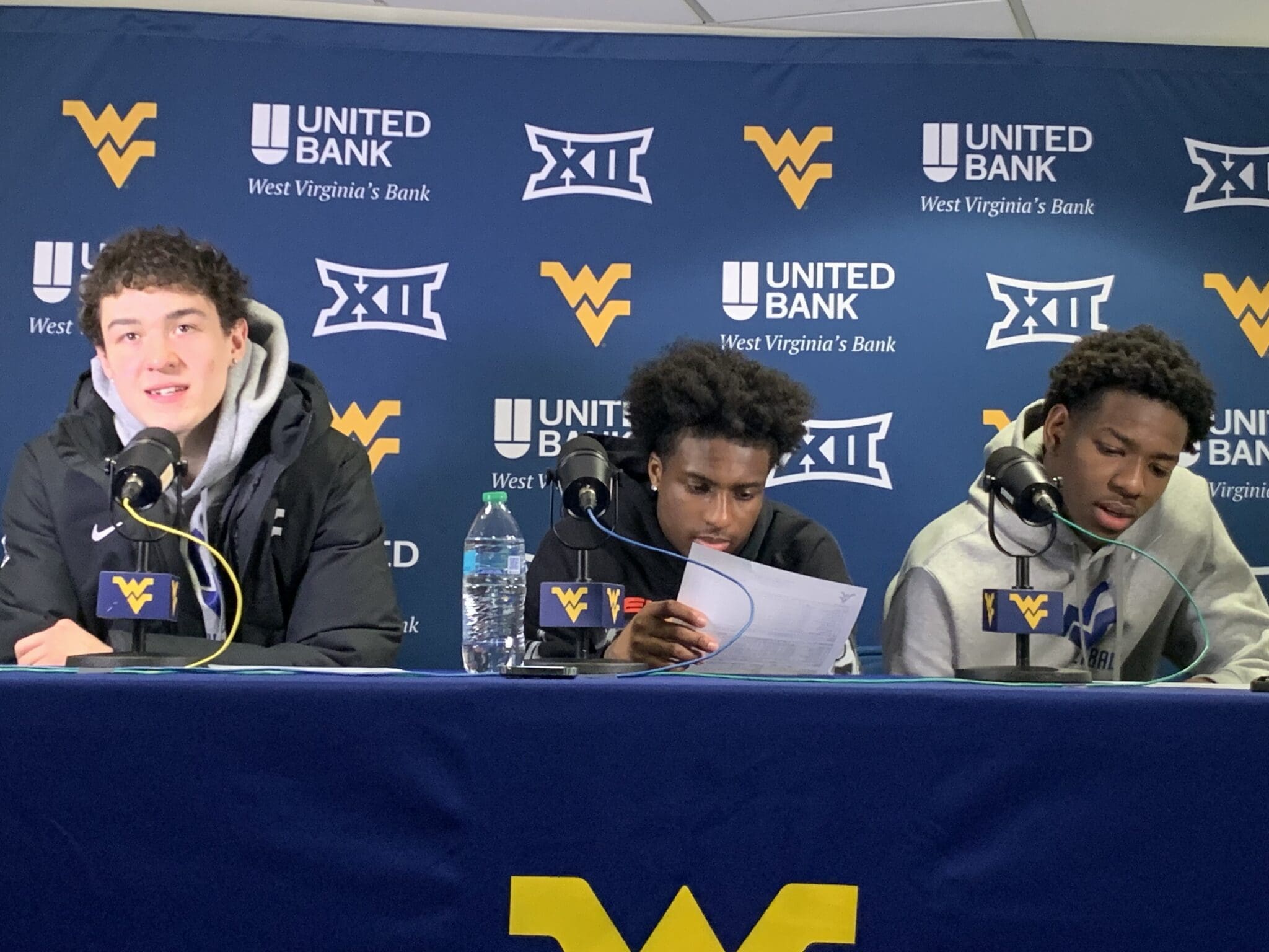 WVU Basketball Treysen Eaglestaff, Honor Huff and Brenen Lorient