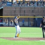 WVU Baseball Tyrus Hall hits a double