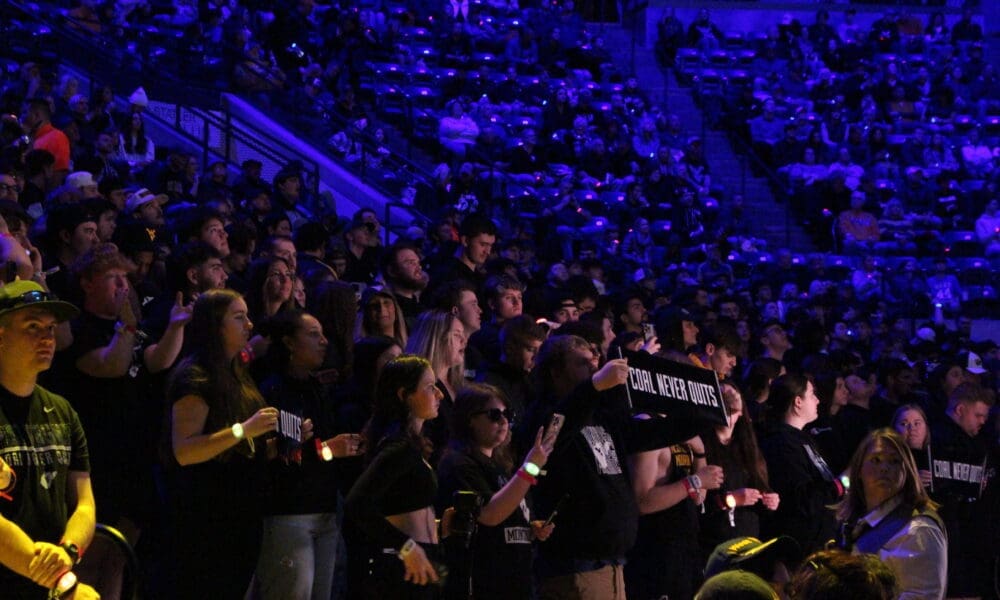 WVU basketball Fans enjoy light show before WVU basketball game at WVU Coliseum