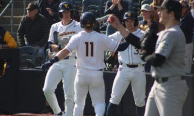 WVU Baseball Sam White celebrates