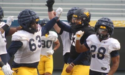 WVU Football Jaylen Henderson and LJ Turner at practice