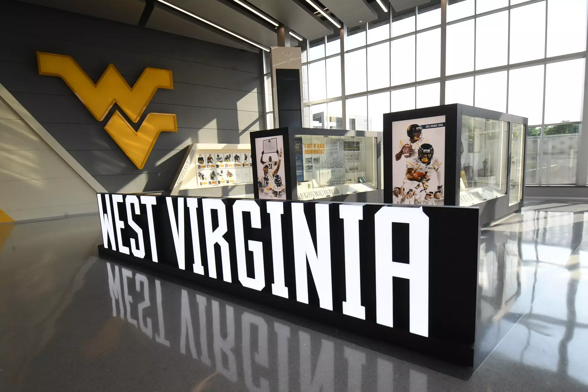 West Virginia sign at WVU Football facility stock