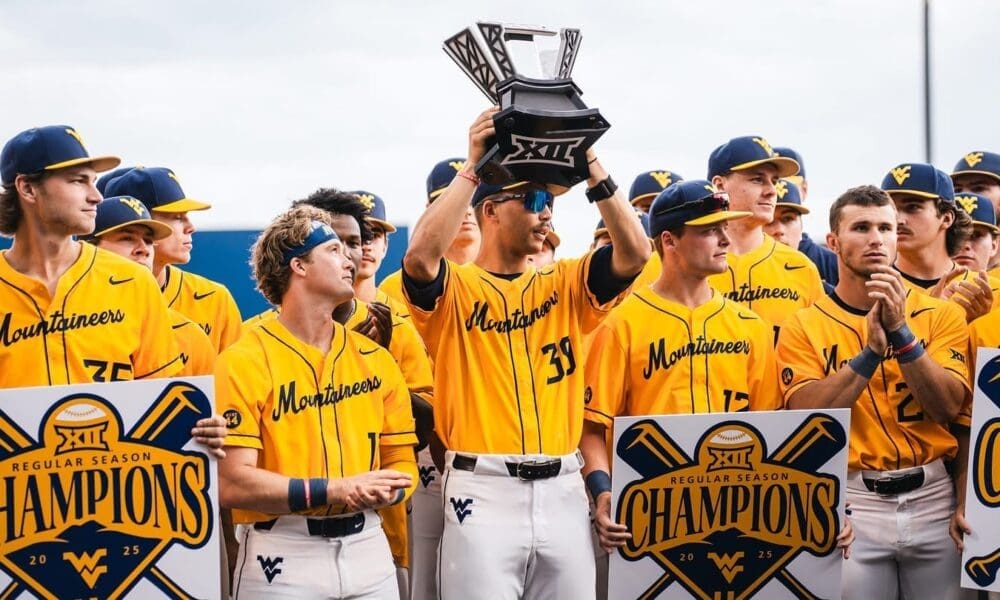 WVU Baseball players with Big 12 trophy