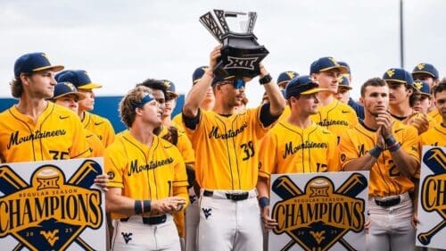 WVU Baseball players with Big 12 trophy