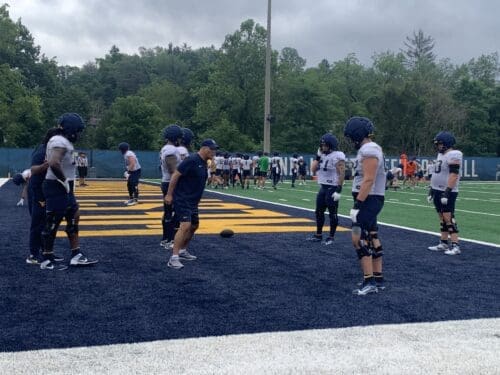WVU Football Jeff Casteel coaching during practice