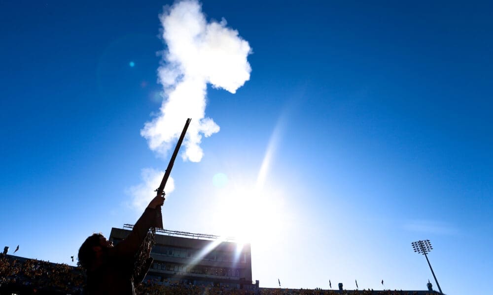 WVU Mountaineer Mascot fires off gun at game