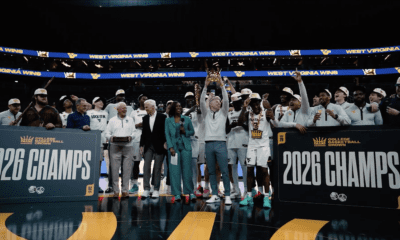 WVU Basketball celebrating College Basketball Crown title