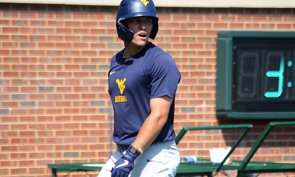 WVU's JJ Wetherholt practicing at North Carolina's Boshamer Stadium on Thursday, June 6, 2024, ahead of playing UNC in the NCAA Tournament Super Regionals. (Mitchell Northam, WV Sports Now)