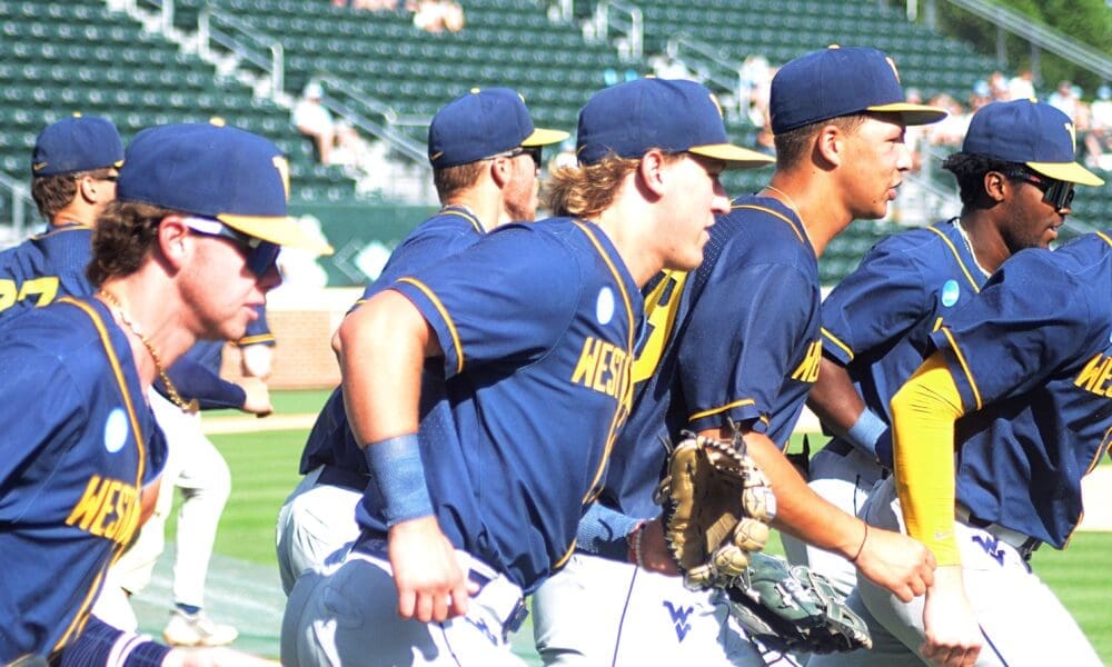 The WVU baseball team practices before the Mountaineers played the Tar Heels in the NCAA Tournament Super Regionals on Friday, June 7, 2024, at Boshamer Stadium in Chapel Hill, N.C. (Mitchell Northam / WV Sports Now)