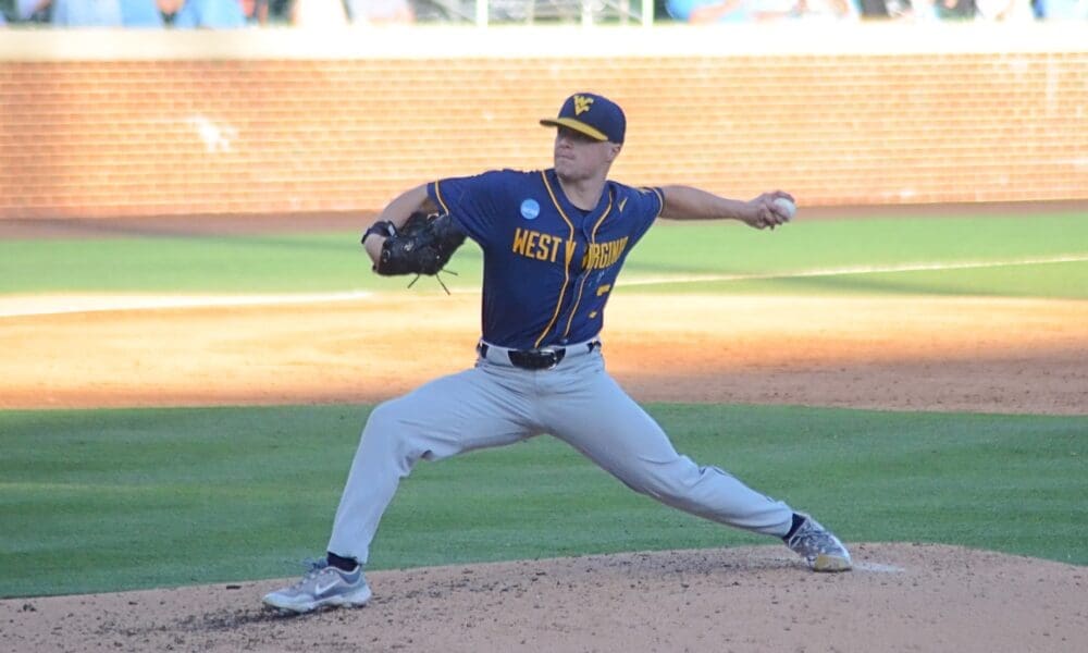 WVU Baseball pitcher Derek Clark pitches against UNC on June 7, 2024 at Boshamer Stadium in Chapel Hill, N.C. in the NCAA Tournament Super Regionals. (Mitchell Northam / WV Sports Now)