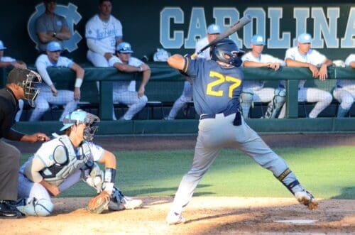 JJ Wetherholt swings at a pitch against UNC on June 7, 2024 at Boshamer Stadium in Chapel Hill, N.C. in the NCAA Tournament Super Regionals. (Mitchell Northam / WV Sports Now)