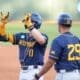 Sam White celebrates getting on-base against UNC on June 7, 2024 at Boshamer Stadium in Chapel Hill, N.C. in the NCAA Tournament Super Regionals. (Mitchell Northam / WV Sports Now)