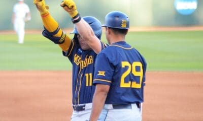 WVU Baseball Sam White celebrates getting on-base against UNC on June 7, 2024 at Boshamer Stadium in Chapel Hill, N.C. in the NCAA Tournament Super Regionals. (Mitchell Northam / WV Sports Now)