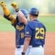 WVU Baseball Sam White celebrates getting on-base against UNC on June 7, 2024 at Boshamer Stadium in Chapel Hill, N.C. in the NCAA Tournament Super Regionals. (Mitchell Northam / WV Sports Now)