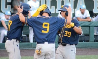 WVU Baseball INF Kyle West (39) celebrates his homer against UNC on June 7, 2024 at Boshamer Stadium in Chapel Hill, N.C. in the NCAA Tournament Super Regionals. (Mitchell Northam / WV Sports Now)