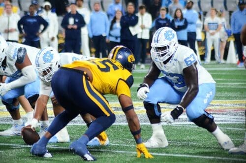 WVU Football DL Davoan Hawkins lines up against UNC in the Duke's Mayo Bowl at Bank of America Stadium in Charlotte, N.C. on Dec. 27, 2023. (Mitchell Northam / WV Sports Now)