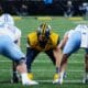 WVU Football defensive lineman Edward Vesterinen lines up against UNC in the Duke's Mayo Bowl at Bank of America Stadium in Charlotte, N.C. on Dec. 27, 2023. (Mitchell Northam / WV Sports Now)
