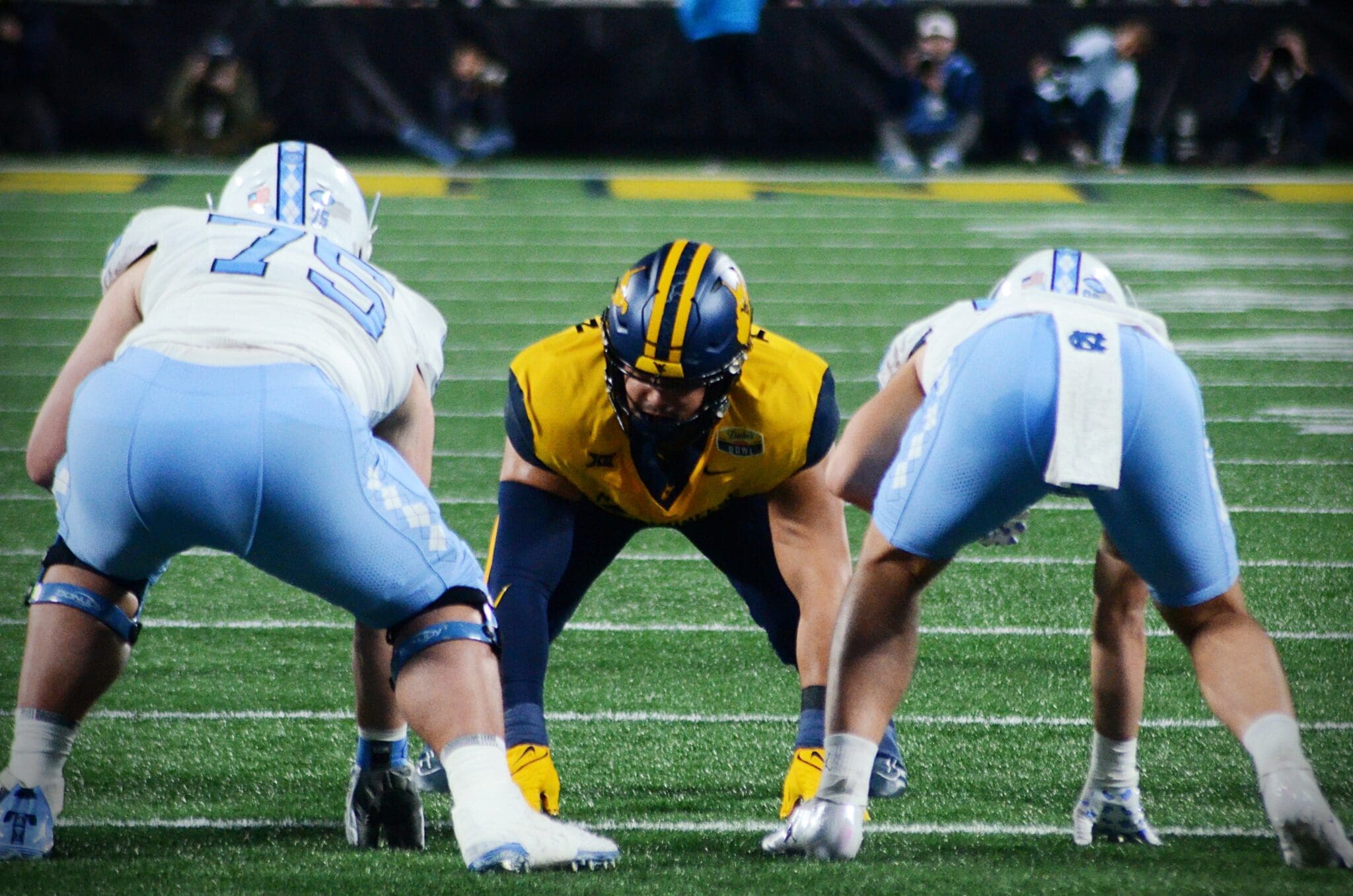 WVU Football defensive lineman Edward Vesterinen lines up against UNC in the Duke's Mayo Bowl at Bank of America Stadium in Charlotte, N.C. on Dec. 27, 2023. (Mitchell Northam / WV Sports Now)