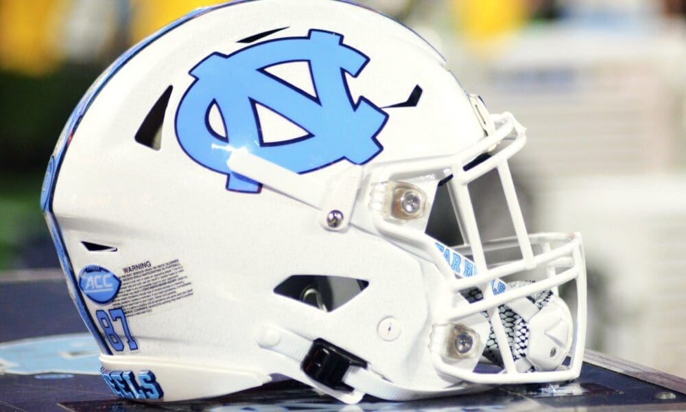 A UNC helmet rests on the sideline at the Duke's Mayo Bowl on Dec. 27, 2023 at Bank of America Stadium in Charlotte, N.C. (Mitchell Northam / WV Sports Now)