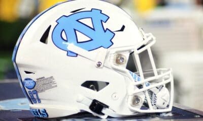 A UNC helmet rests on the sideline at the Duke's Mayo Bowl on Dec. 27, 2023 at Bank of America Stadium in Charlotte, N.C. (Mitchell Northam / WV Sports Now)