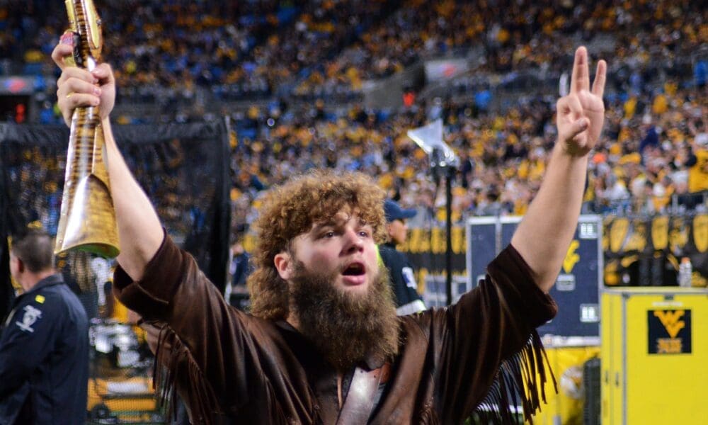 WVU Mountaineer mascot fires up the crowd at the Duke's Mayo Bowl on Dec. 27, 2023 at Bank of America Stadium in Charlotte, N.C. (Mitchell Northam / WV Sports Now)
