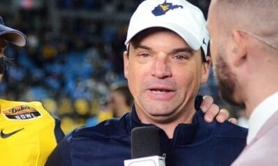 WVU head coach Neal Brown after beating UNC in the Duke's Mayo Bowl at Bank of America Stadium in Charlotte, N.C. on Dec. 27, 2023. (Mitchell Northam / WV Sports Now)