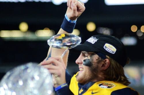 WVU Football quarterback Garrett Greene after beating UNC in the Duke's Mayo Bowl at Bank of America Stadium in Charlotte, N.C. on Dec. 27, 2023. (Mitchell Northam / WV Sports Now)