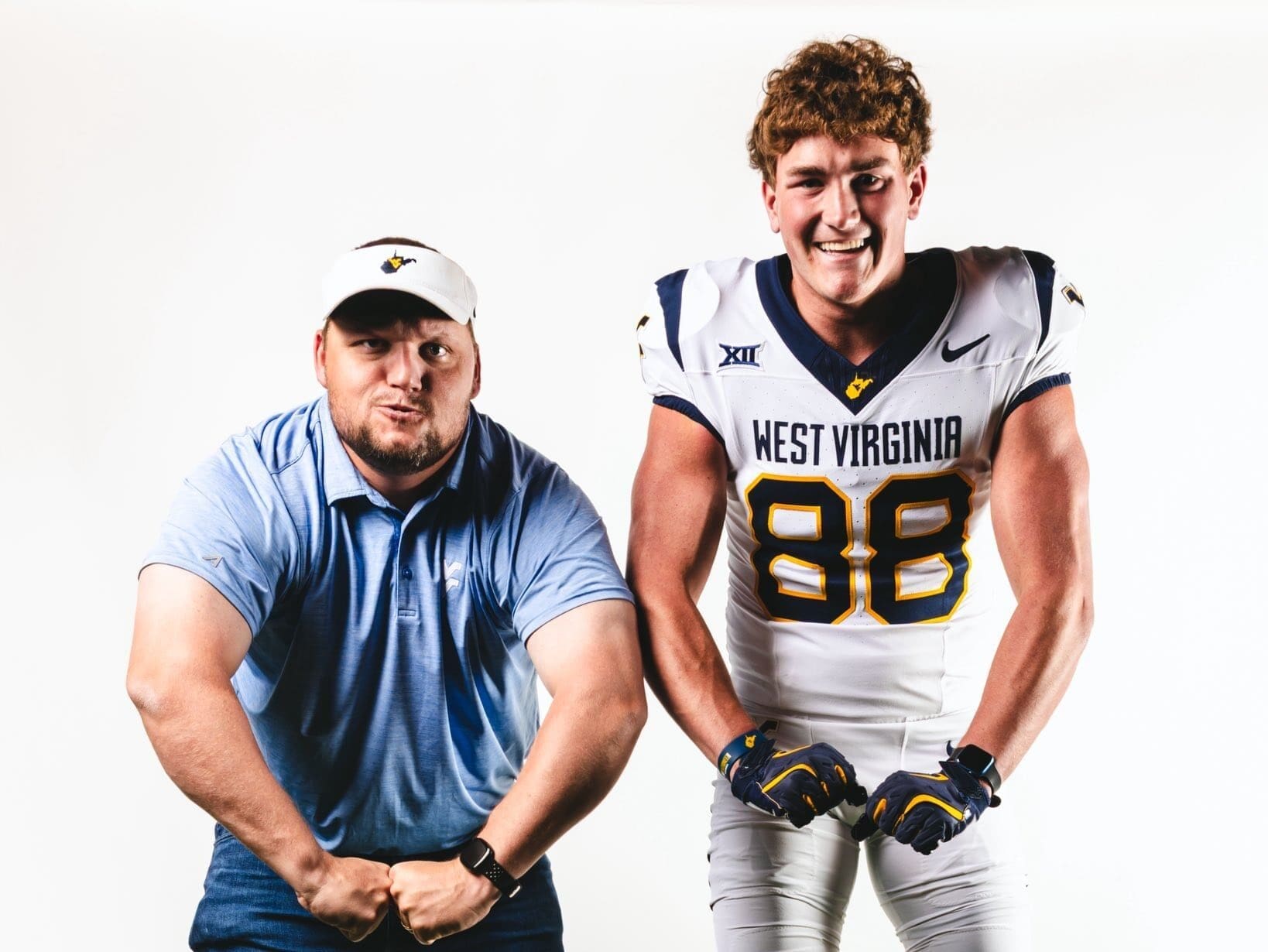 WVU Football TE coach Michael Nysewander anfd Sam Hamilton