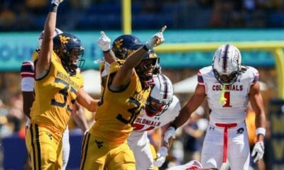 WVU Football defense recovers fumble against Robert Morris.
